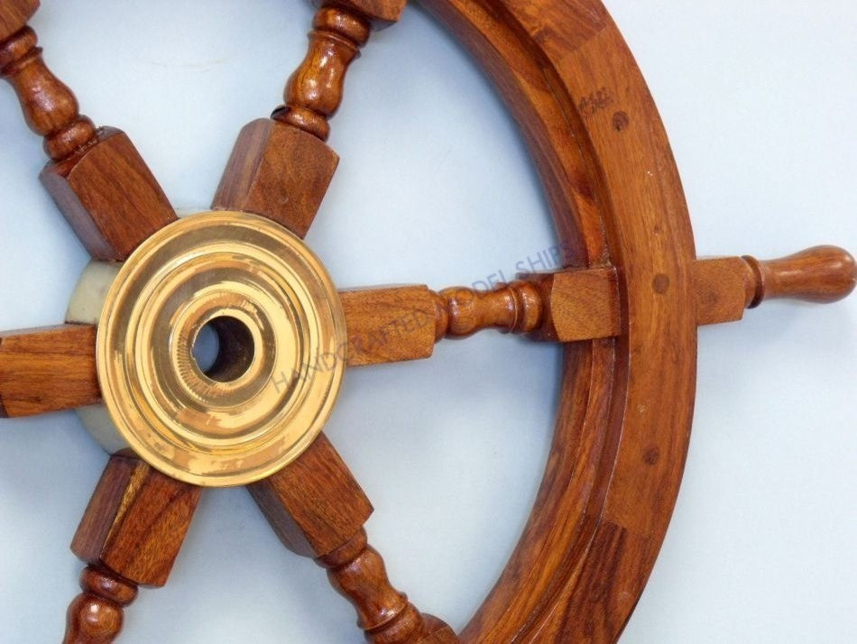 Decorative Ship Wheel, Brass and Wood, 24"