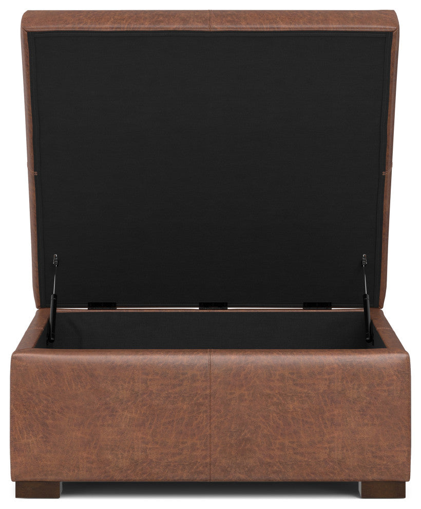 Gabbie Square Coffee Table Storage Ottoman, Distressed Saddle Brown