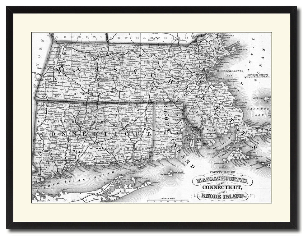 Massachusetts Connecticut Rhode Island Vintage B&W Map Canvas Print, 28"x37"