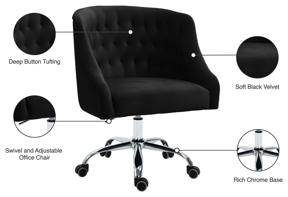 Arden Swivel and Adjustable Velvet Upholstered Office Chair, Black, Chrome Base