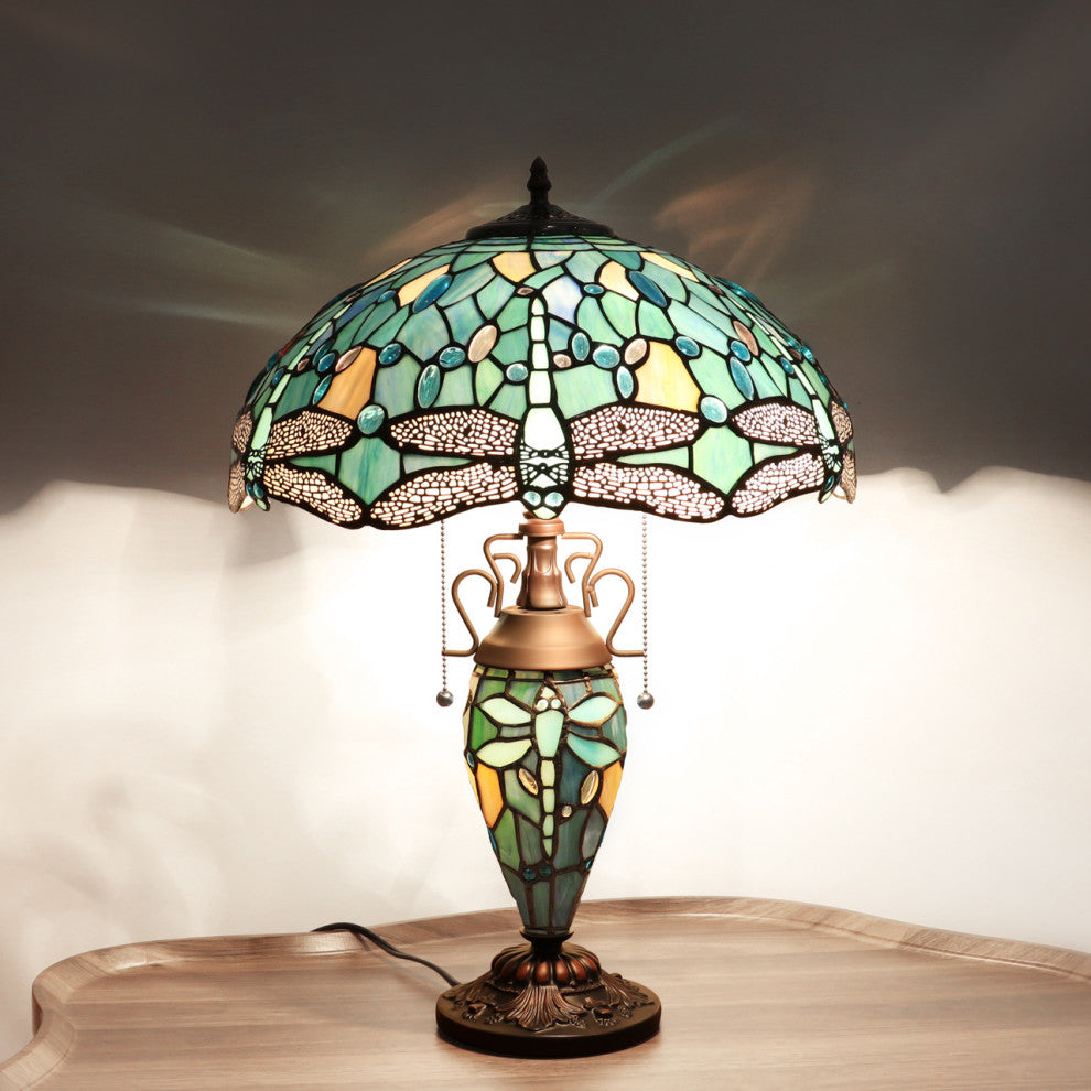 Sunniva Dragonfly Tiffany 3-Light Double Lit Table Lamp 16" Shade