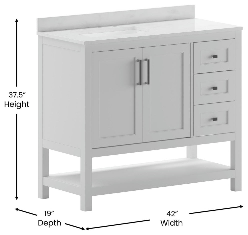 Vega Bath Vanity-Sink, Soft Close Doors, 3 Drawers, Carrara Marble Finish Top, White, 42 Inch