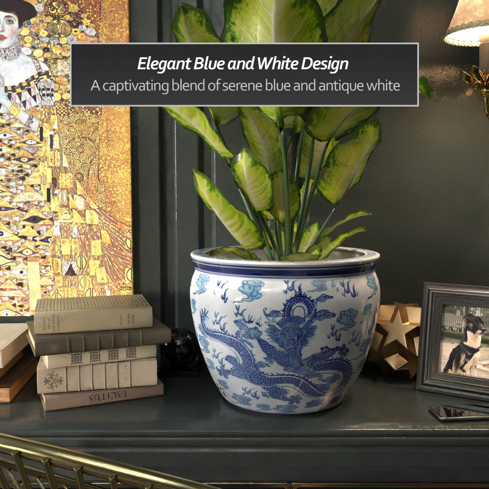 16" Dragon Blue and White Porcelain Fishbowl