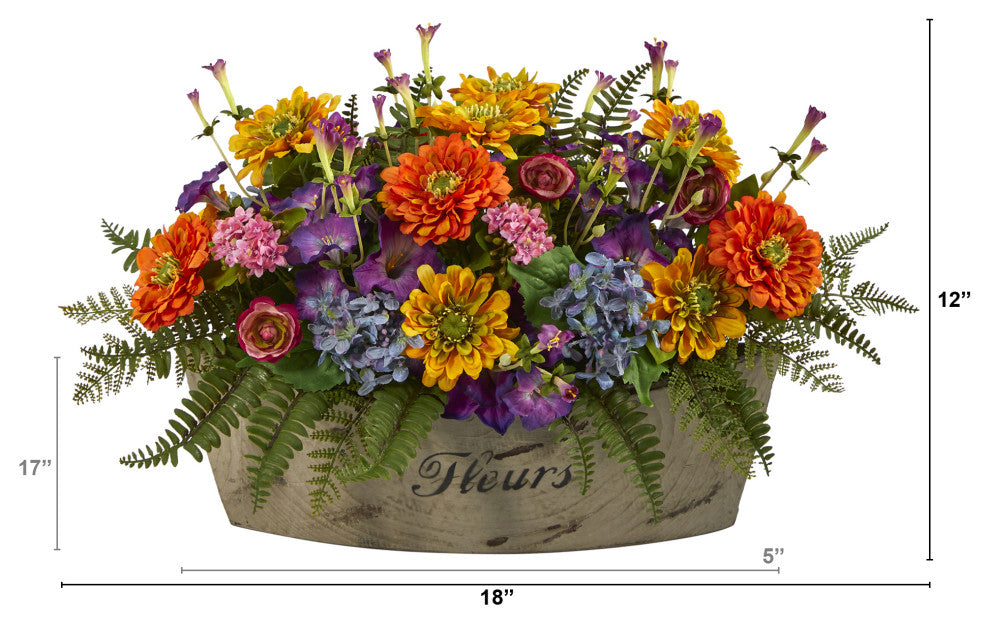 18" Mixed Flowers Artificial Arrangement, Decorative Vase