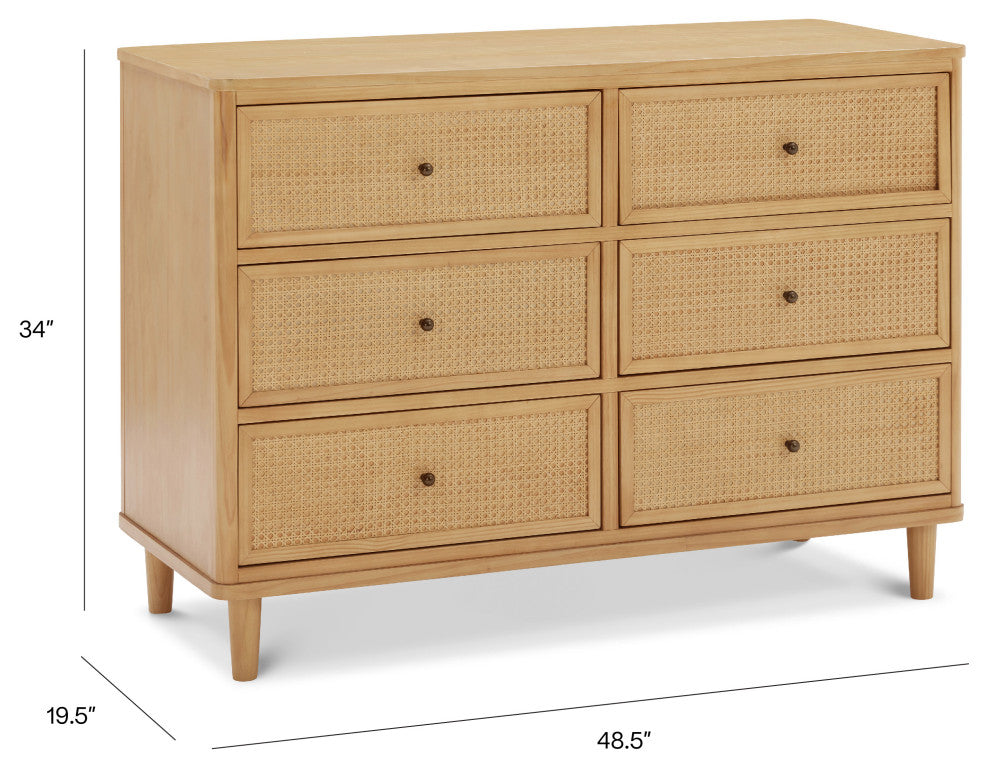 Marin With Cane 6 Drawer Assembled Dresser, Honey/Honey Cane