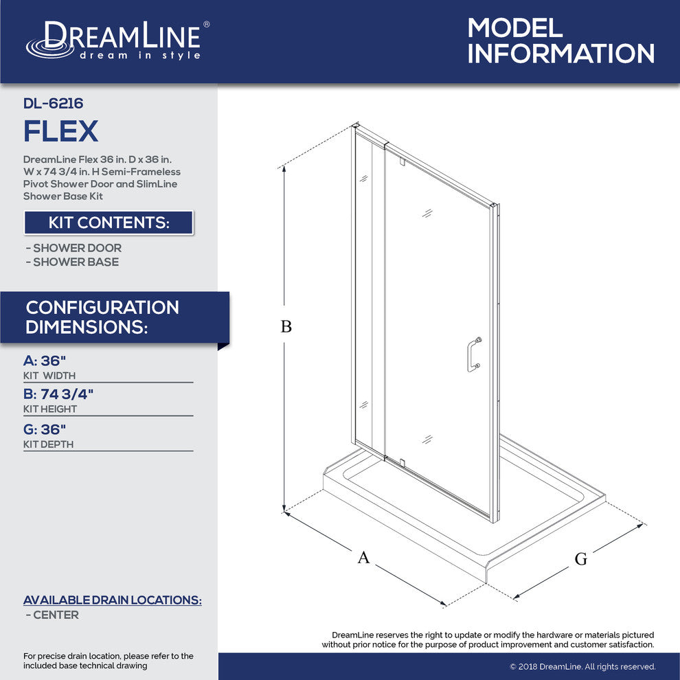 DreamLine Flex 36"x 36"x74.75" Frameless Shower Door and Base Kit, Chrome