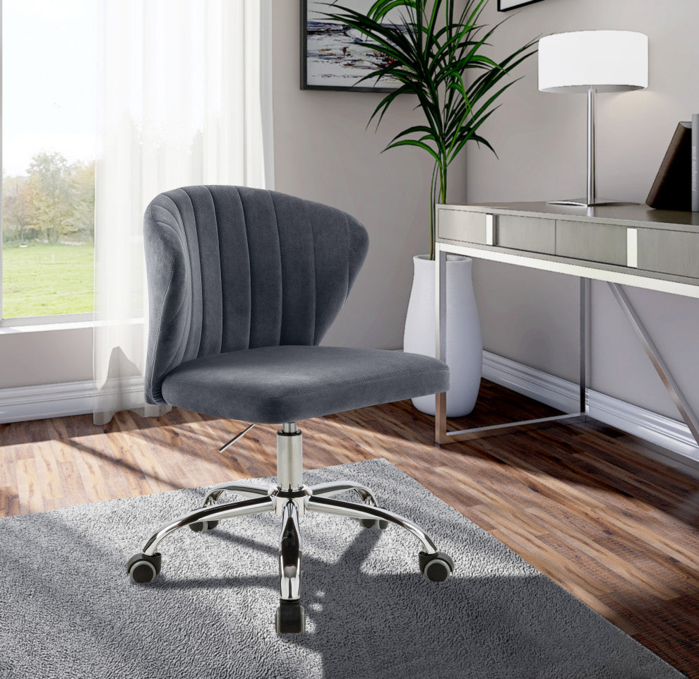 Finley Swivel and Adjustable Velvet Upholstered Office Chair, Gray, Chrome Base
