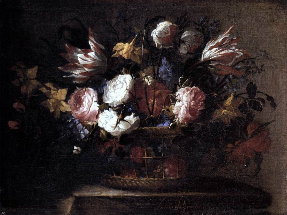 Juan De Arellano StillLife with a Basket of Flowers Premium Canvas Print