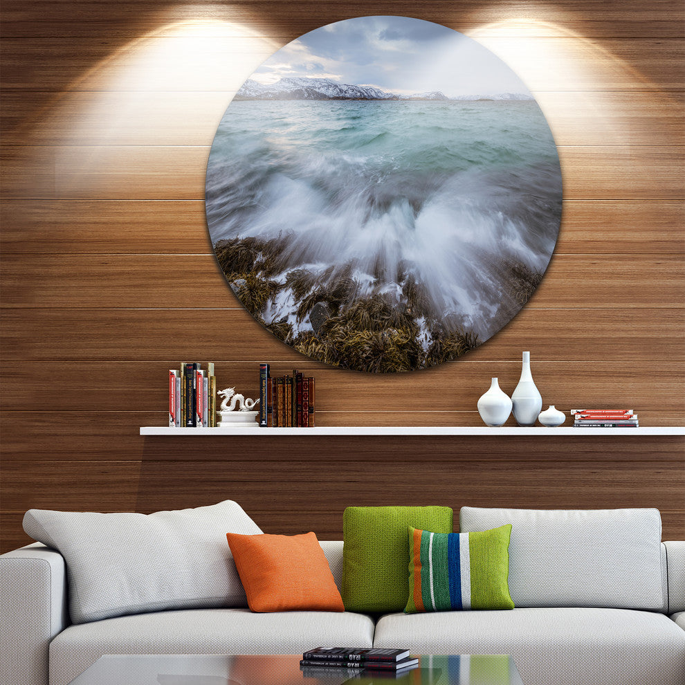 Waves Splashing Rocks In Norway, Seascape Disc Metal Wall Art, 36"