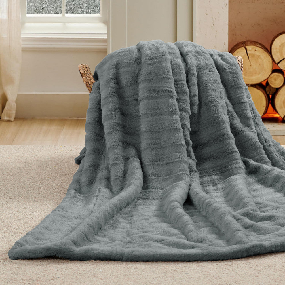 Derby Double Sided Faux Fur Throw Blanket, Charcoal
