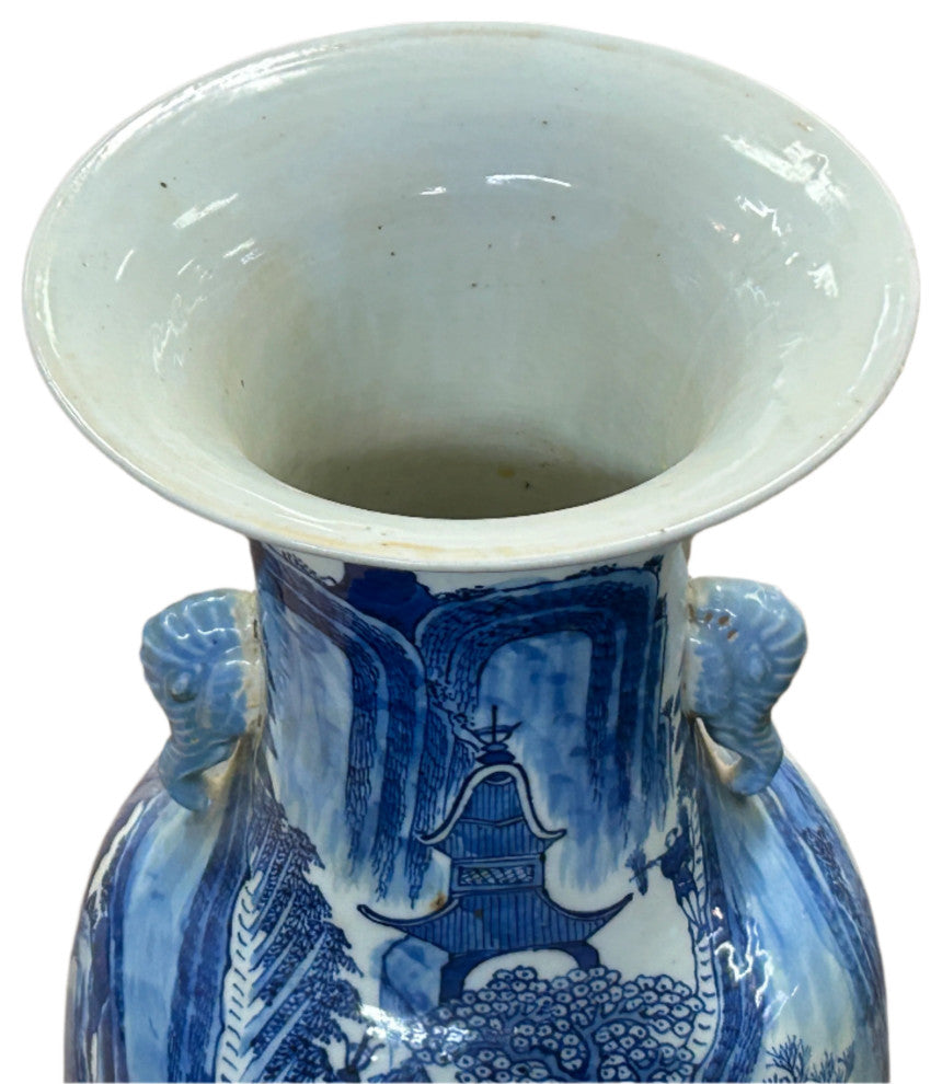 23" Vintage Blue White Scenery Porcelain Elephant Head Ear Art Vase Hws4363