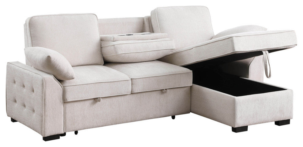 Mackenzie 91" Chenille Reversible Sleeper Sectional, Drop-Down Table, Beige