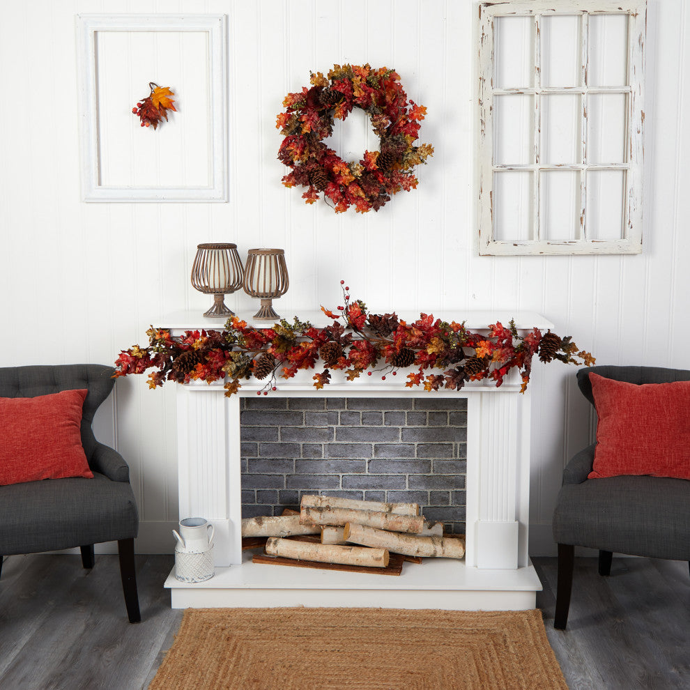 W1236 6 Autumn Maple Leaves, Berry and Pinecones Fall Artificial Garland