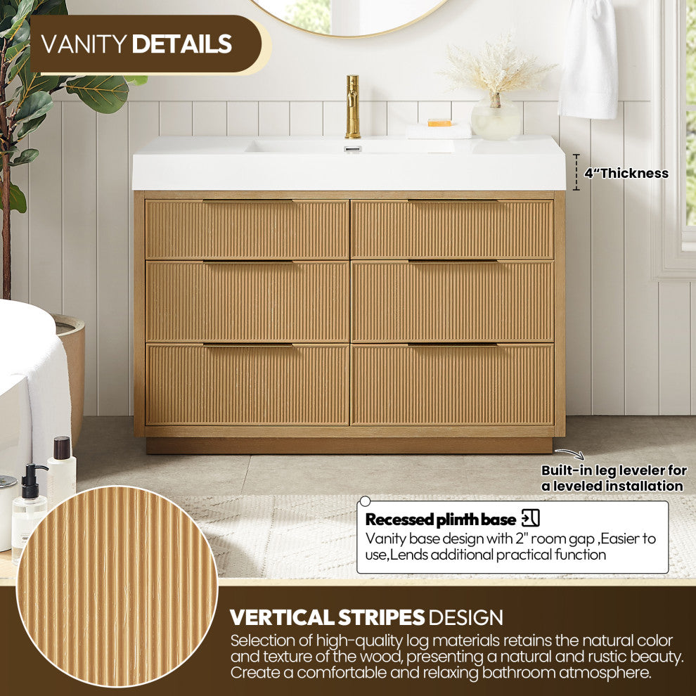 Hohhot Bath Vanity, Stone Sink Top No Mirror, Washed Ash Gray, 48", Single Vanity