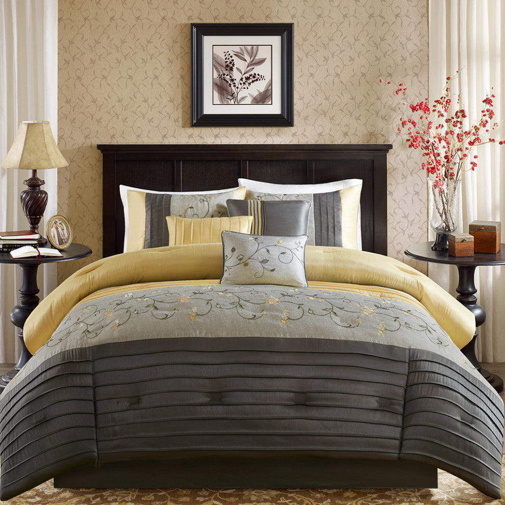 Madison Park Serene Embroidered 7 Piece Comforter Set, Yellow