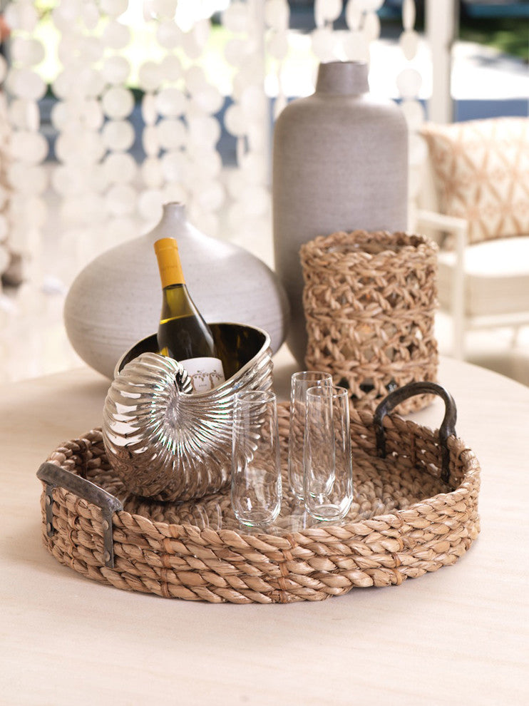 20" Diameter Seagrass Serving Tray with Glass Insert