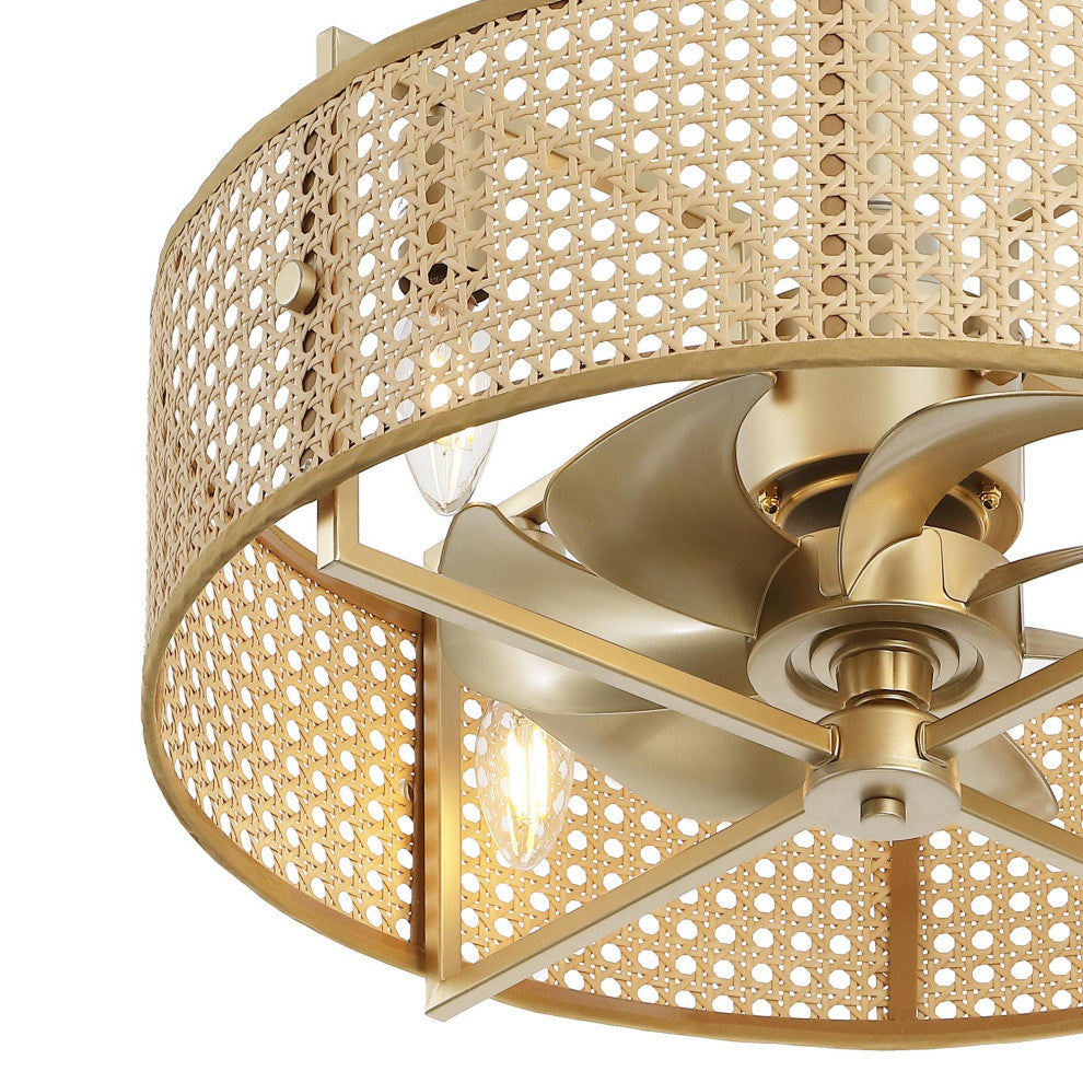 GetLedel 18" Rattan Drum Caged Ceiling Fan With Light and Remote, Gold