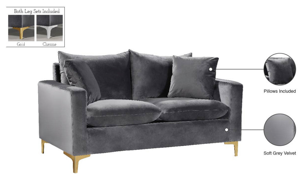 Naomi Velvet Upholstered Loveseat, Gray