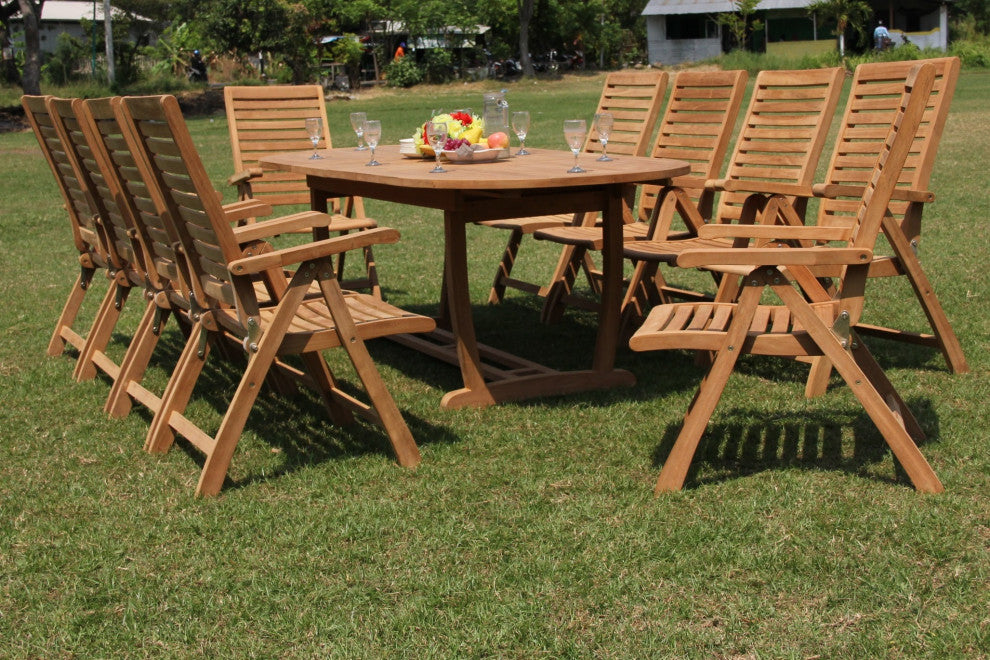 11-Piece Outdoor Teak Dining Set, 94" Masc Oval Table 10 Ashley Reclining Chairs