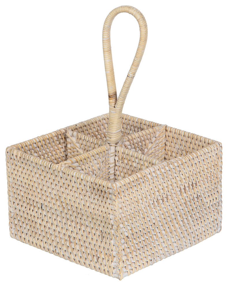 Loma Rattan Bottle and Silverware Caddy, White-Wash