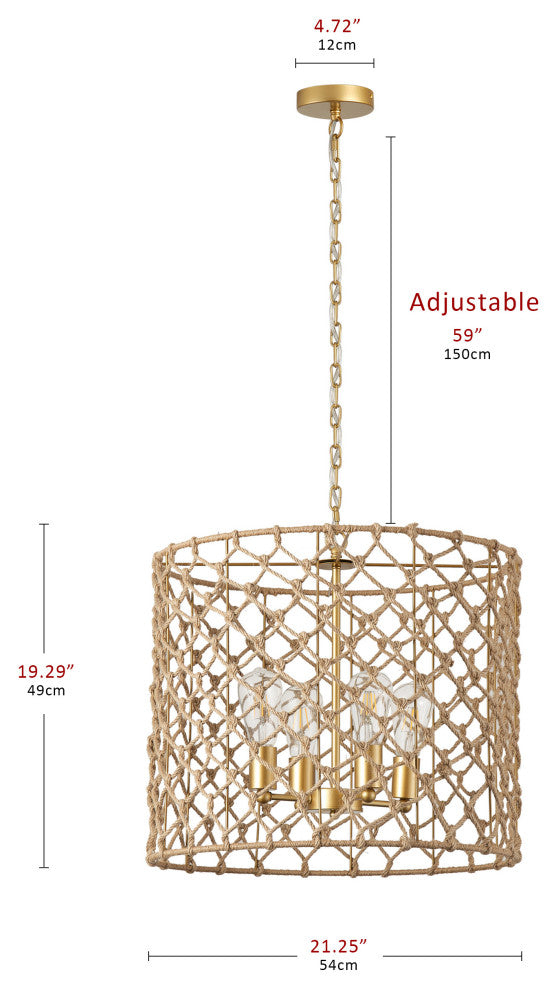 Gold 4-Light Adjustable Pendant Light Fixture With Hemp Rope Woven Craft