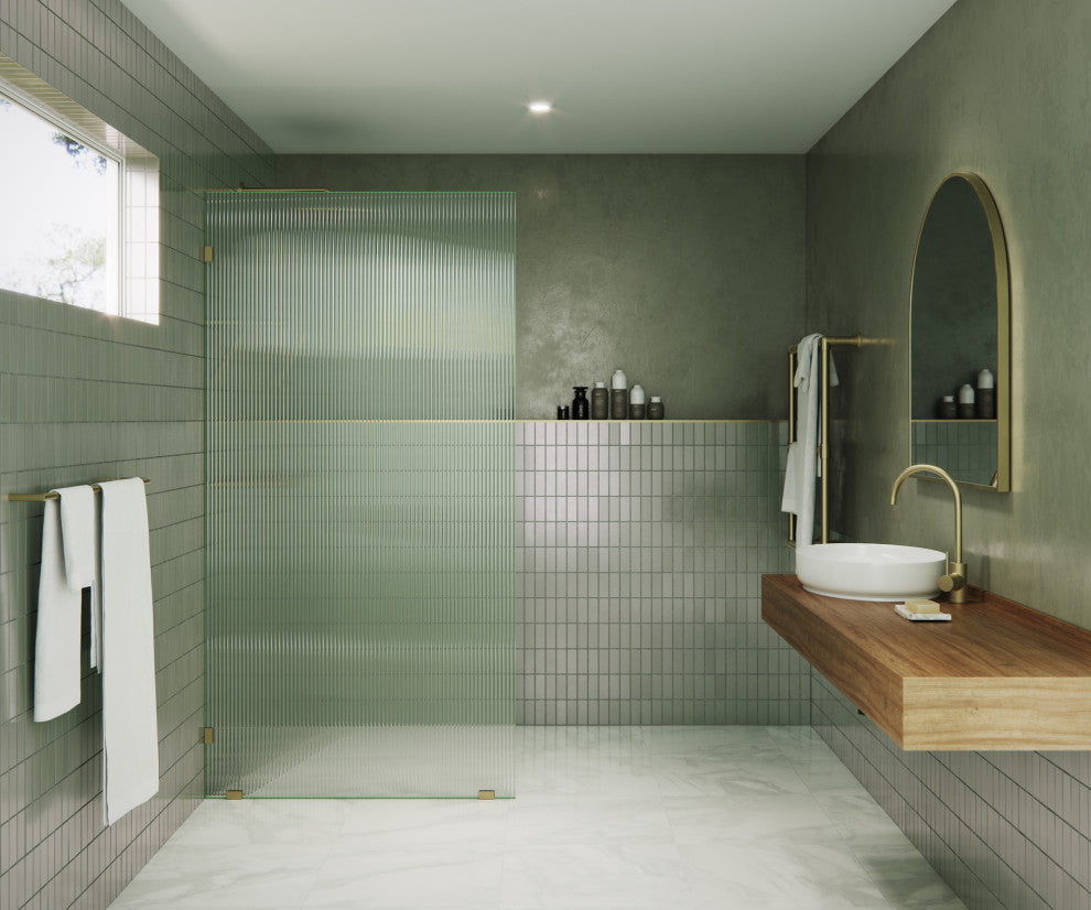 40"x78" Frameless Shower Door Single Fixed Panel Fluted, Satin Brass