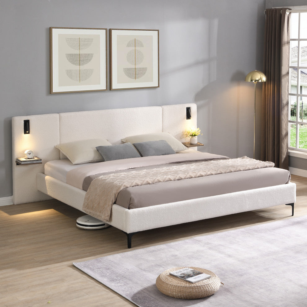 GDF Studio Modern Platform Bed, Built-in Lights & Shelves, White, King