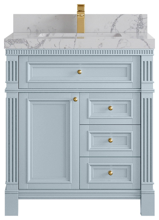 Paris 30" Single Sink Bathroom Vanity, Blue Heather 2" Venatino Quartz