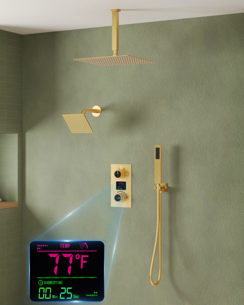 Dual Showerheads 12" Digital Display Shower System, Brushed Gold