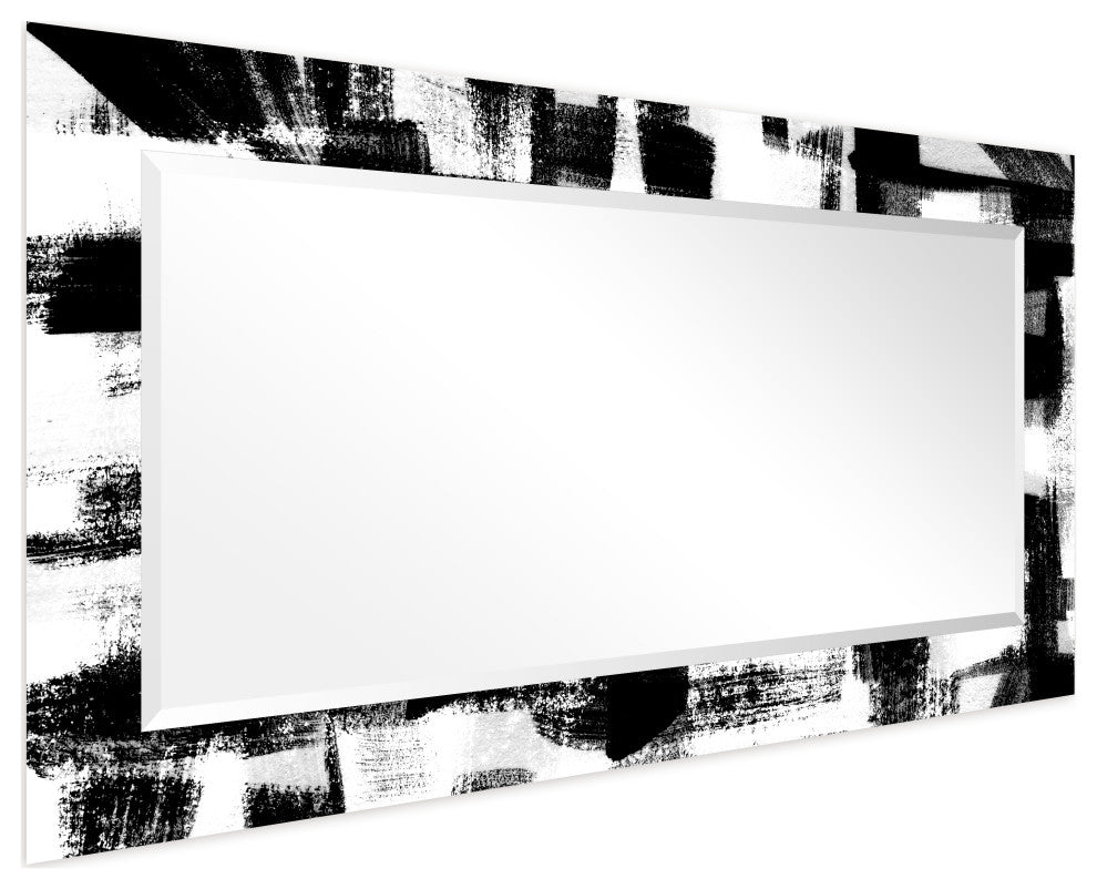Black and WhiteBeveled Mirror on Printed Abstarct Tempered Art Glass, 54x28"