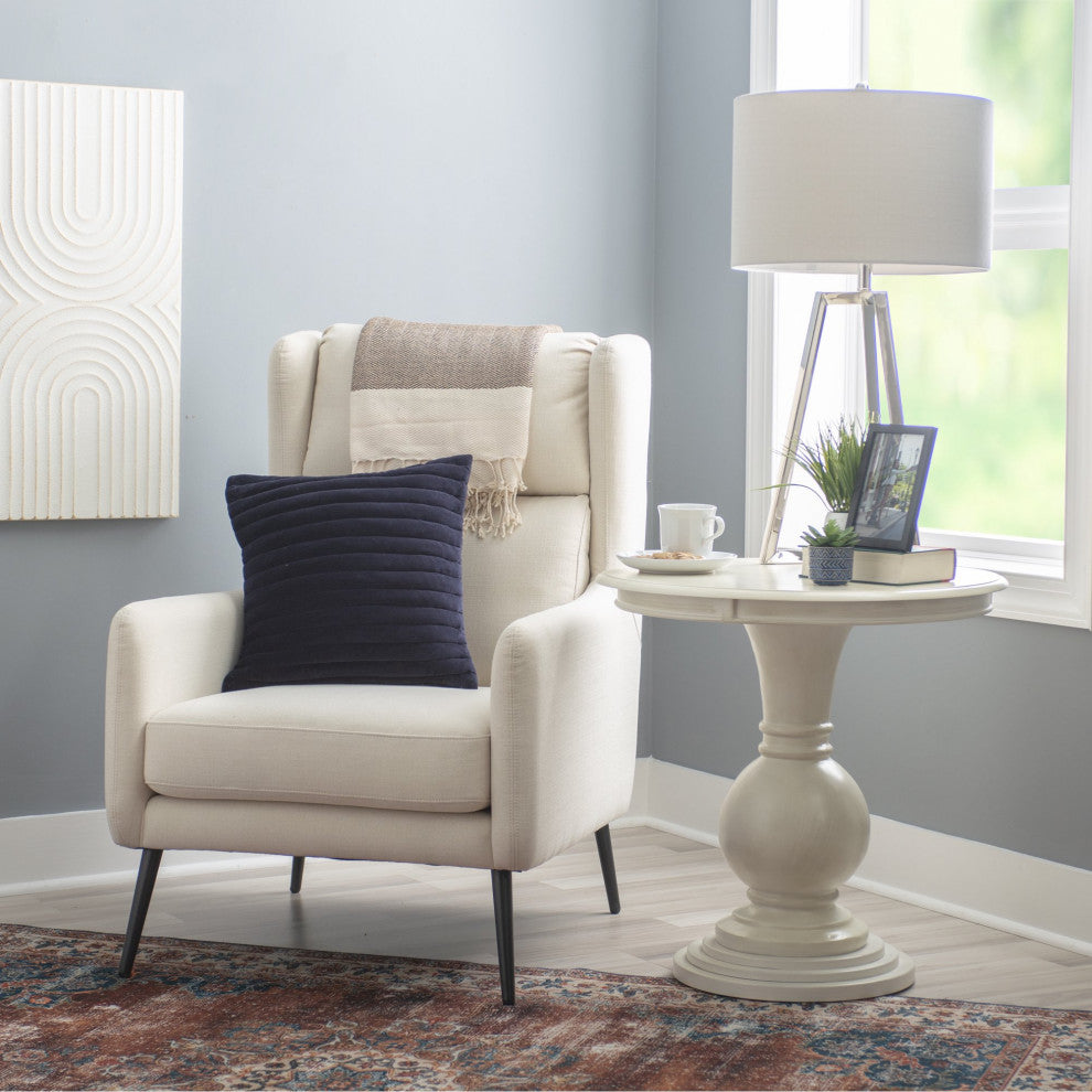 Modern Farmhouse Side Table, Turned Pedestal Base With Round Wooden Top, Cream