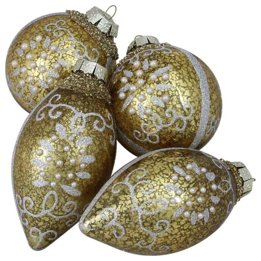 Shiny Gold and Silver Design Glass Ball Christmas Ornament Set, Set of 4