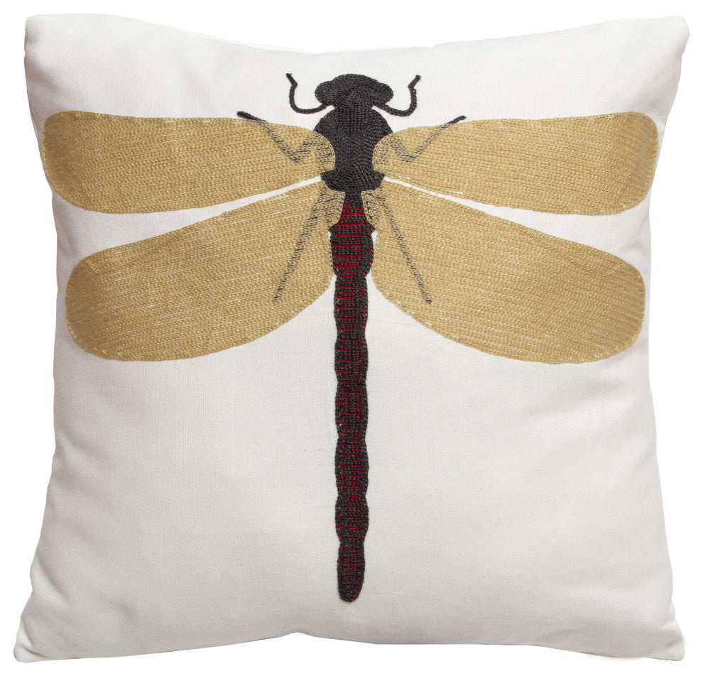 Dragonfly Embroidered Farmhouse Throw Pillow, Insert Included, 18"x18"