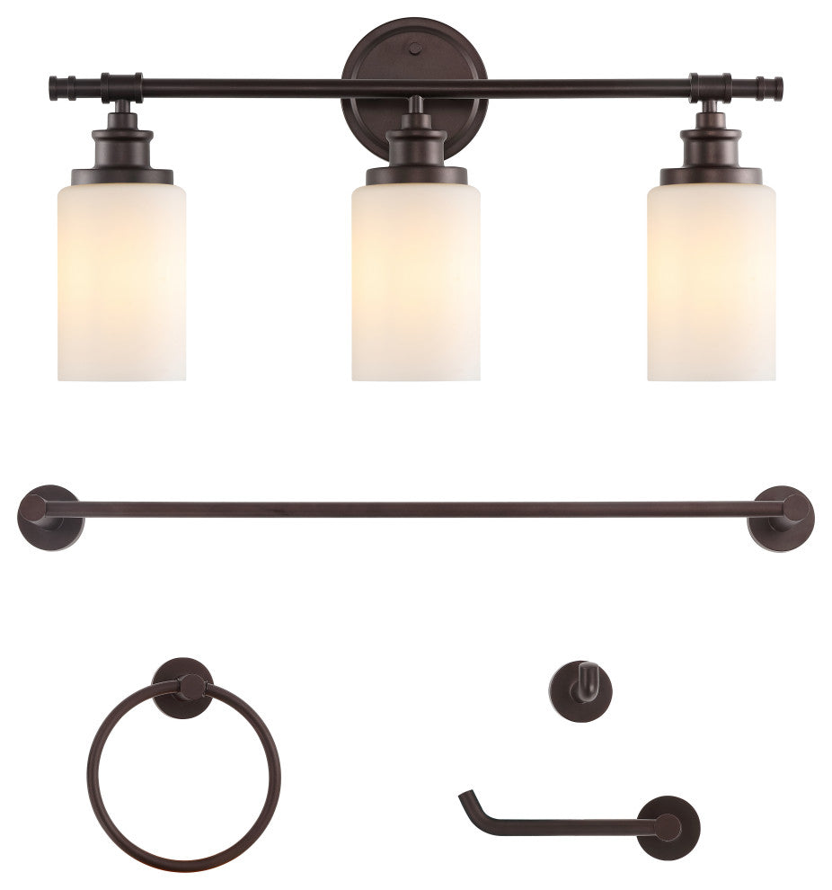 3-Light Classic Vanity, Frosted Glass Shades, Bathroom Accessory Set, 5-Piece