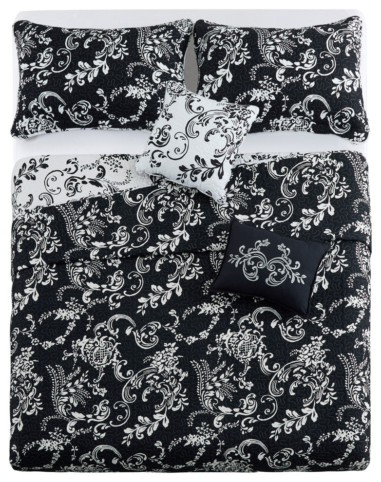 LA Boheme 5 Piece Printed Bed Spread Set, Black, Queen