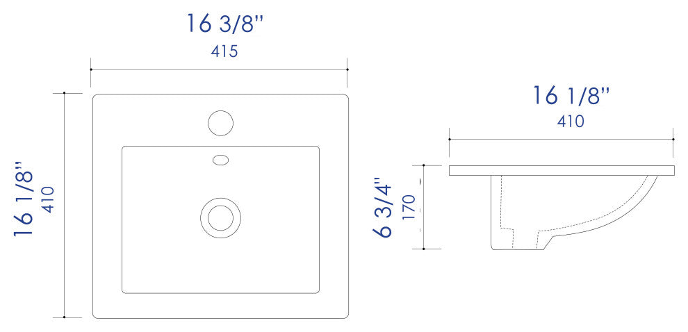 White 17" Square Drop, Ceramic Sink With Faucet Hole