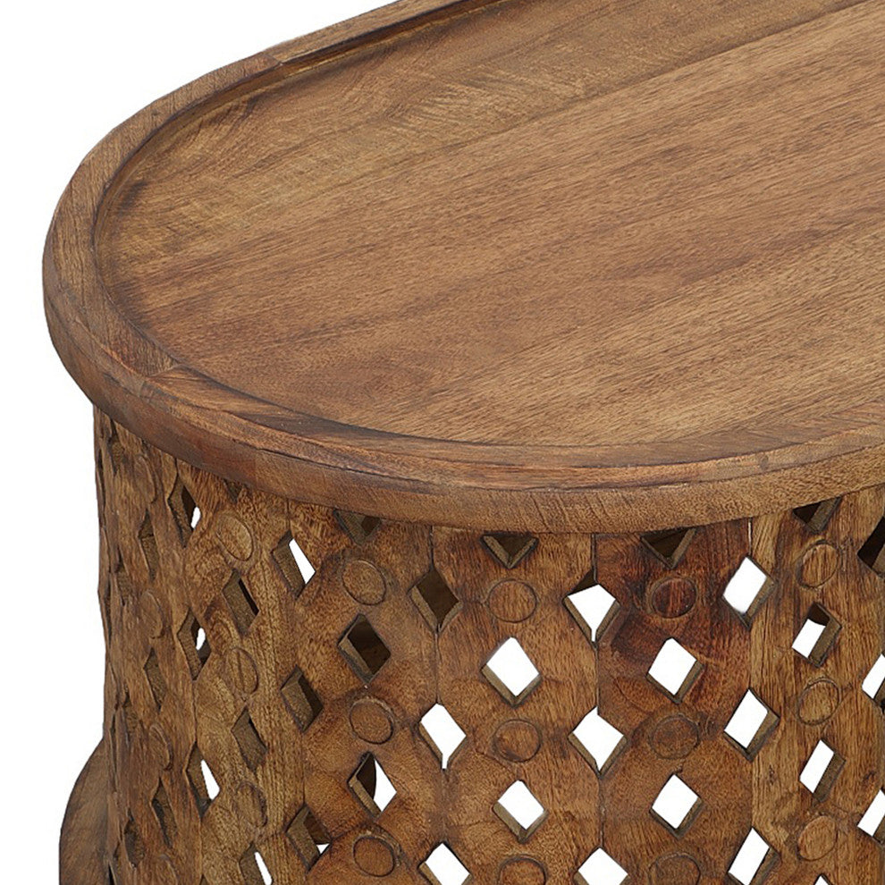 36" Handcrafted Oval Coffee Table Intricate Cutout Design Antique Brown