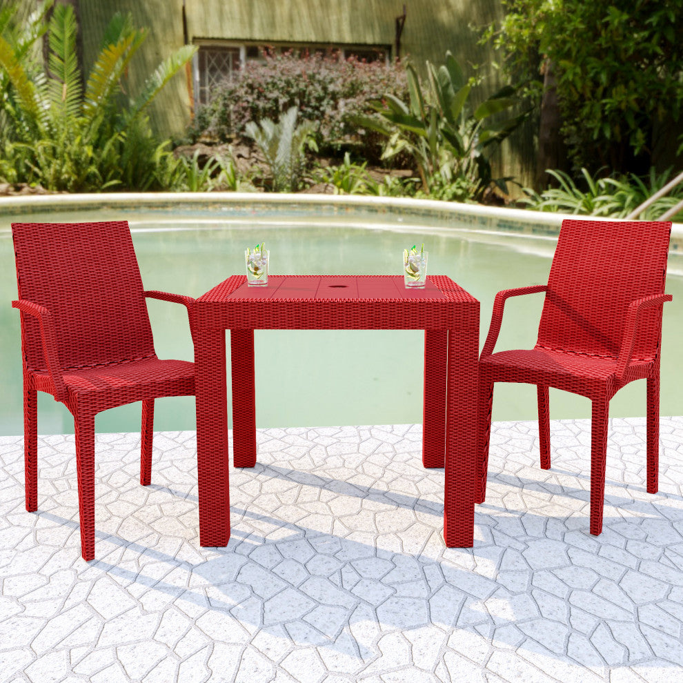 LeisureMod Weave Mace Indoor Outdoor Patio Dinin Armchairs, Black, Red