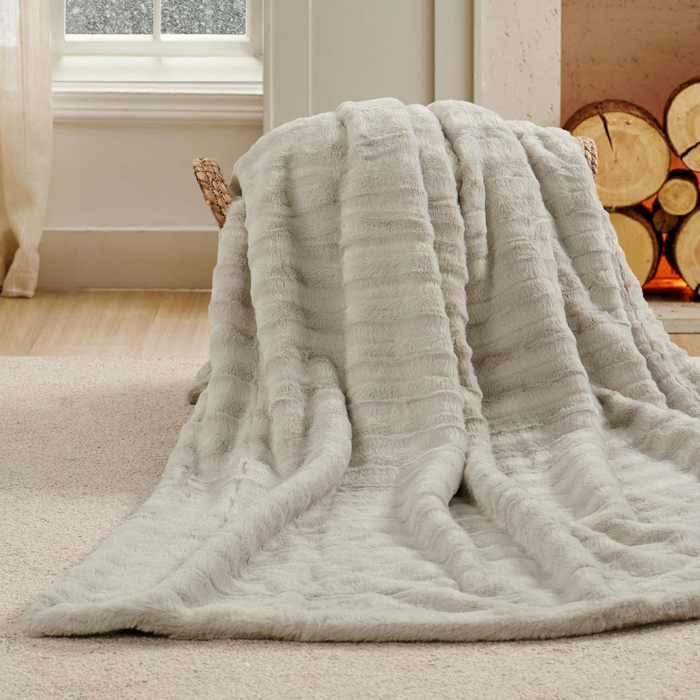 Derby Double Sided Faux Fur Throw Blanket, Charcoal Gray