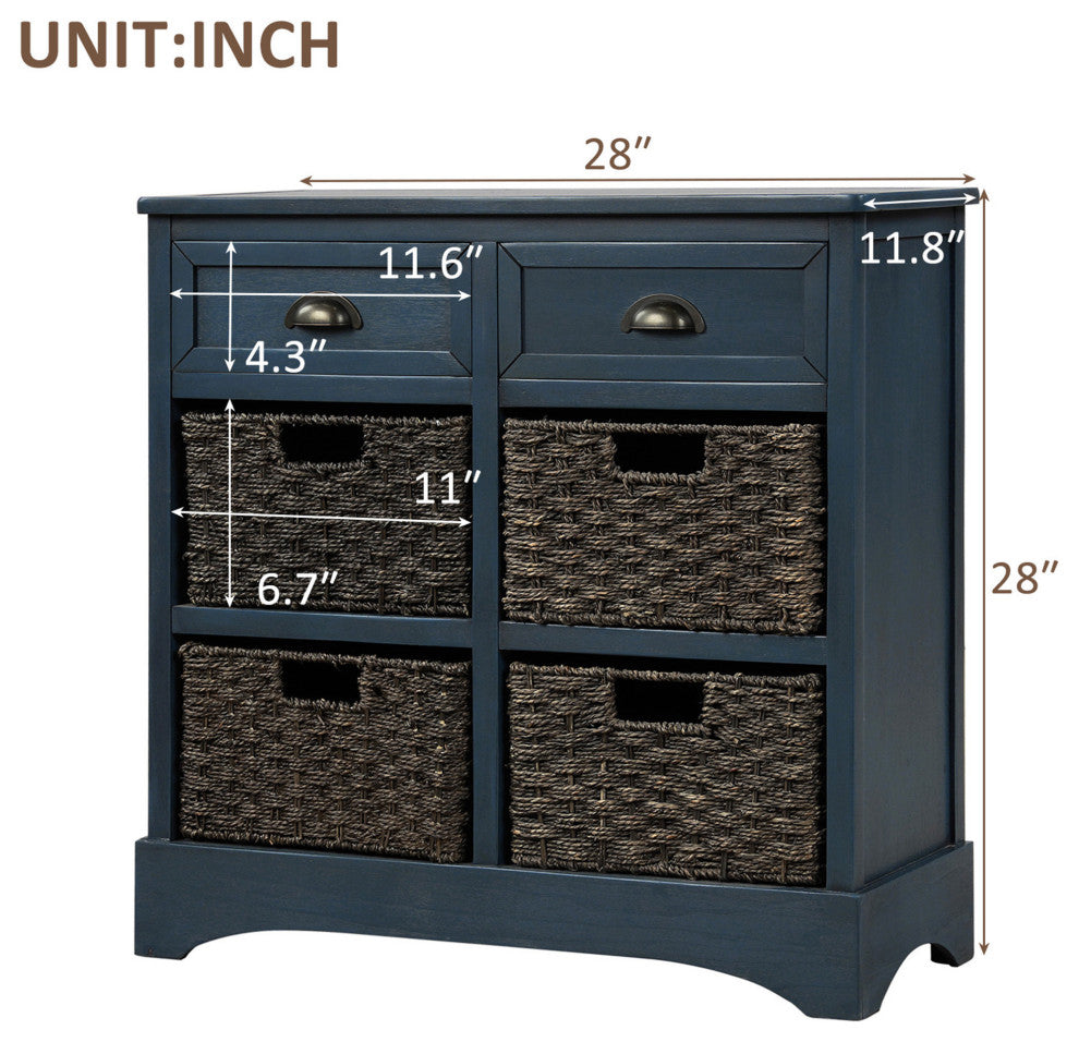 28" Wood 2 Drawers Storage Cabinet with 4 Rattan Basket, Antique Navy, 28" Tall