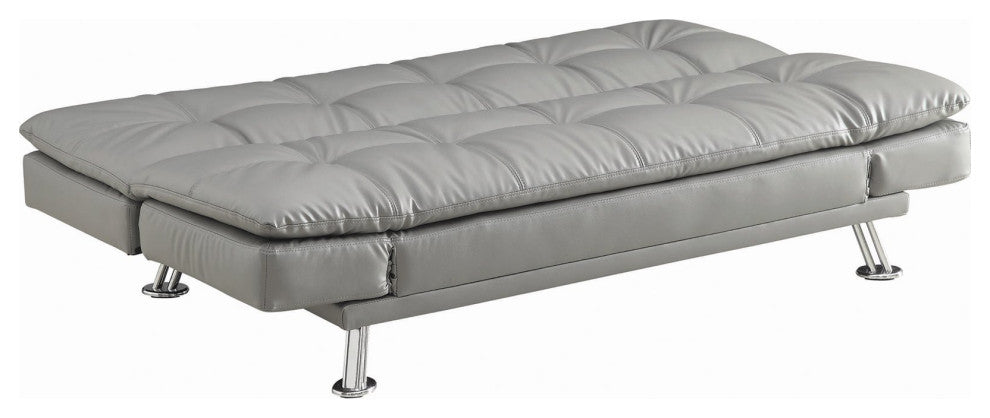 Modern Futon, Gray Faux Leather Seat With Adjustable Arms & Elegant Tufting