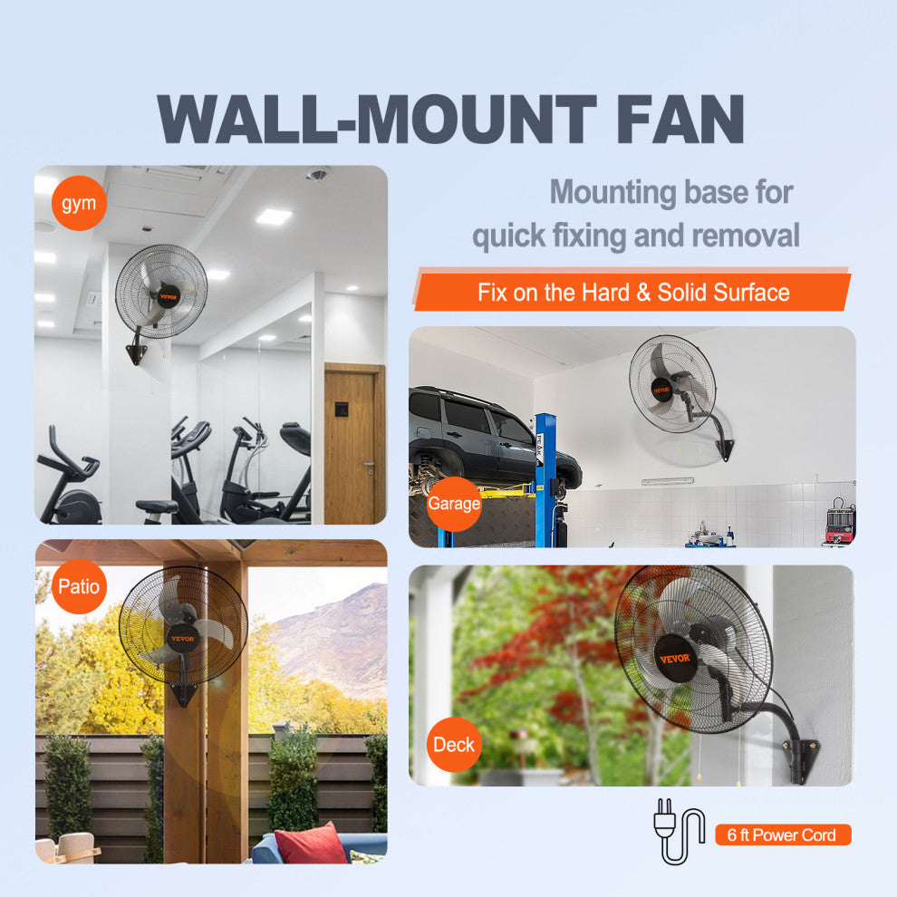 VEVOR Industrial Wall Mount Fan Oscillating Metal Fan 3 Speed, 20"
