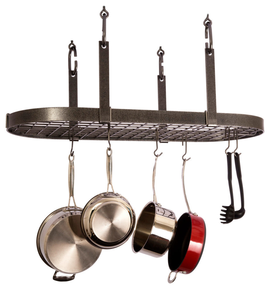 Handcrafted Four Point Oval Ceiling Pot Rack w 18 Hooks Hammered Steel