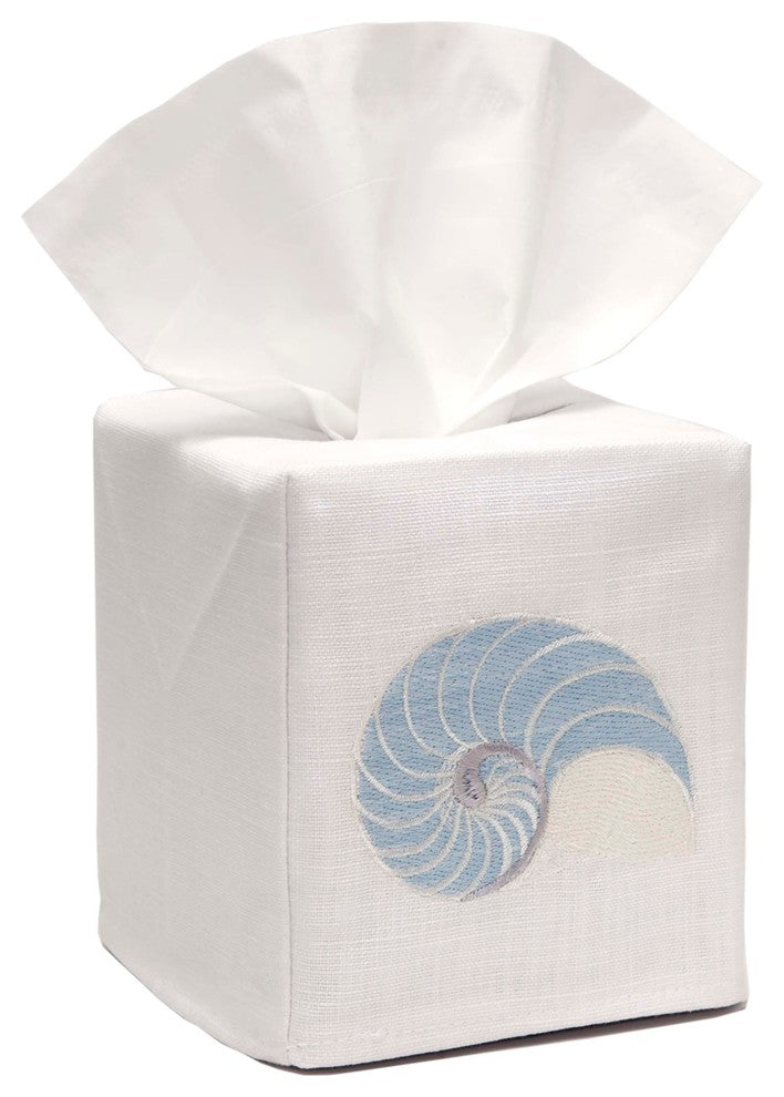 Linen Tissue Box Cover, Striped Nautilus Duck Egg Blue