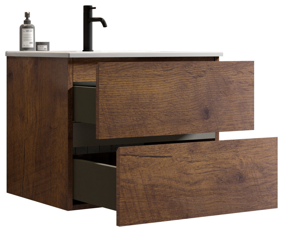 Wall-Mounted Bathroom Vanity Set with Ceramic Sink with one faucet hole, Walnut