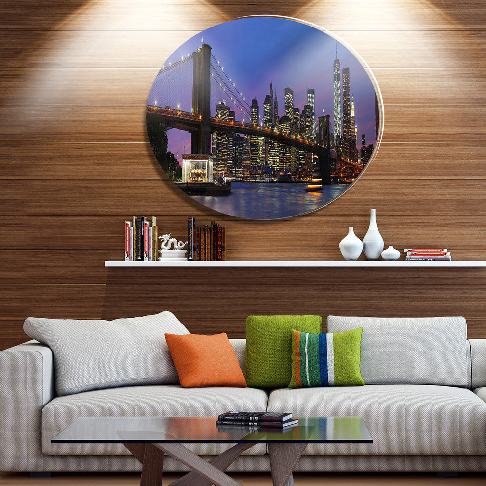 Brooklyn Bridge And Manhattan At Sunset, Round Metal Wall Art, 23"