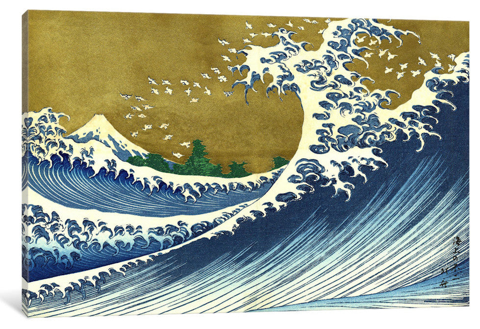 "A Colored Version of The Big Wave" by Katsushika Hokusai, 26x18x1.5"