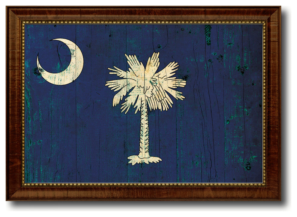 South Carolina State Vintage Flag Print With Brown Gold Frame, 15"X21"