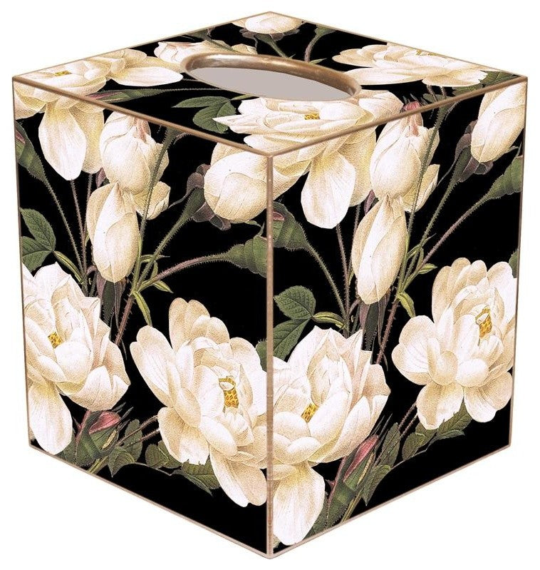 TB1548-White Roses on Black Tissue Box Cover