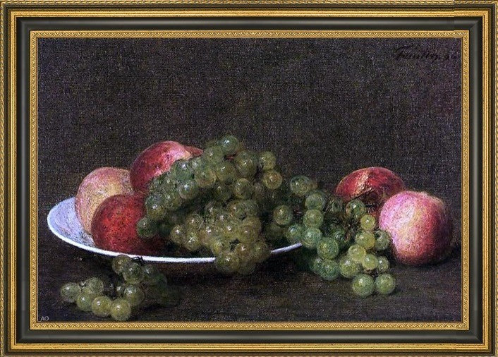 Henri FantinLatour Peaches and Grapes Framed Premium Canvas Print, 16"x24"